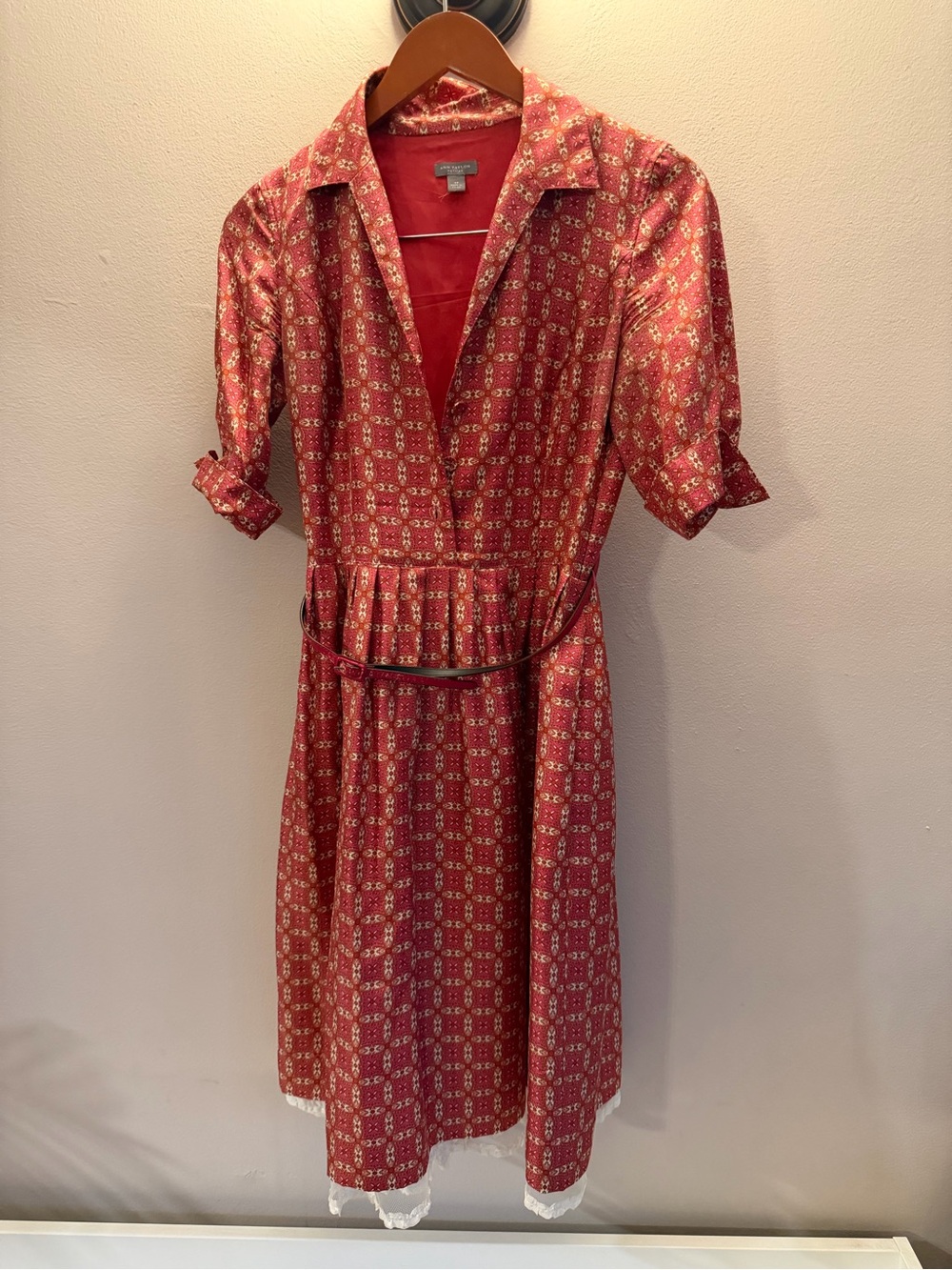 Ann Taylor Petites‎ Red Geometric Medallion Fit & Flare Dress with Belt 4P